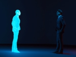 Glowing figure facing a shadowy man in a suit