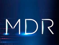 MDR in glowing letters on a dark blue background