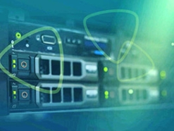 Close up of network appliance ports with green curved triangle shapes overlaying it