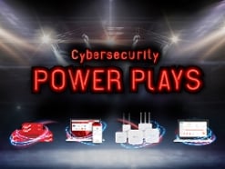 A frase "Grandes jogadas da segurança cibernética" em neon vermelho com produtos da WatchGuard abaixo dela