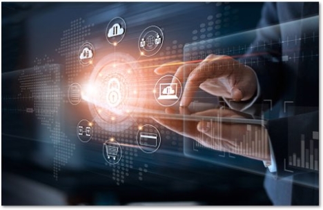 Arm in a gray suit with the hand touching glowing icons on a screen in front