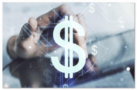 Hand in front of a tablet computer with a large US dollar sign in front