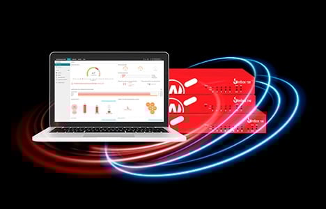 Laptop showing WatchGuard Cloud screen with a stack of red fireboxes behind it
