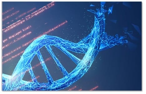 Blue DNA helix with a lightning pattern inside the strands in front of a screen of red computer code