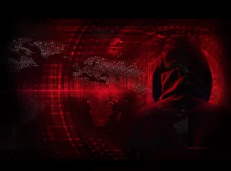hooded man and map on red background