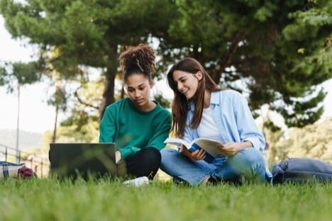 coeds studying under a tree on a college campus