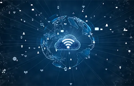 WatchGuard Cloud icon inside of a gobe made from dots of light