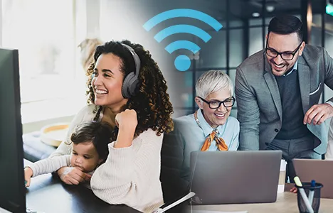 people using wi-fi at home and in a public space