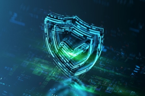 glowing blue and green shield with a checkmark in the center