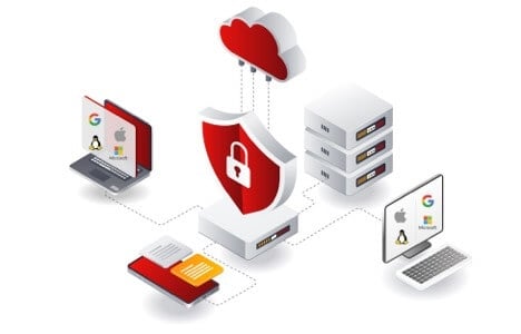 illustration with a red shield with a lock on it in the middle of the cloud and various devices