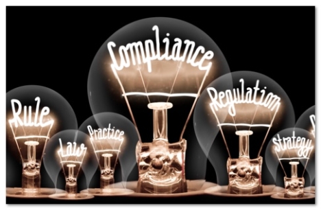 Edison-style lightbulbs with words like Rule, Compliance and Regulation spelled out with the filaments