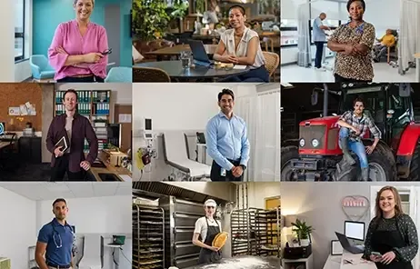 People working in different settings like a classroom, an office and outdoors