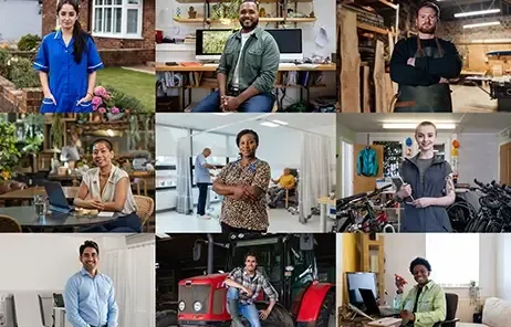 People working in different settings like a classroom, an office and outdoors