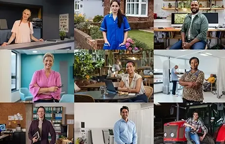 People working in different settings like a classroom, an office and outdoors