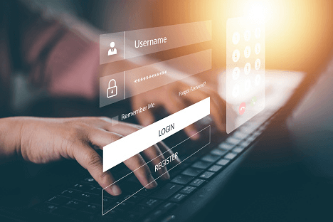 hands on a keyboard with a password prompt floating in front of the screen