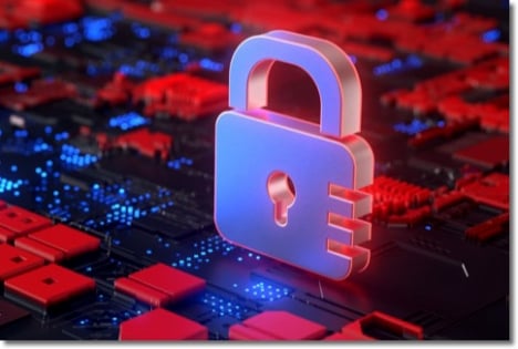 3D silver lock lit up red sitting on a red and black circuit board