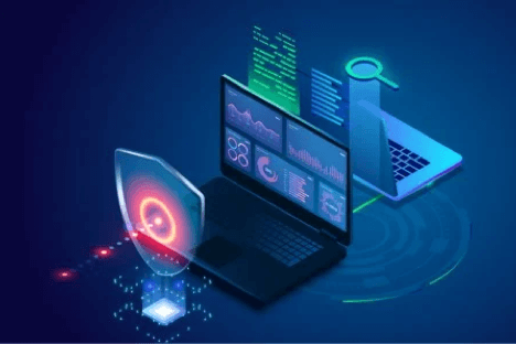 illustration of a laptop in front of a networked computer with a shield protecting it from a red laser