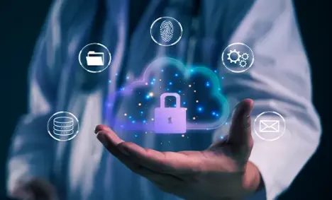 hand with a lock inside of a cloud floating above it and icons surrounding the cloud