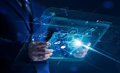 person in a suit holding a glowing tablet computer