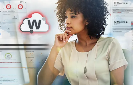 woman with screens superimposed around her and a WatchGuard Cloud logo