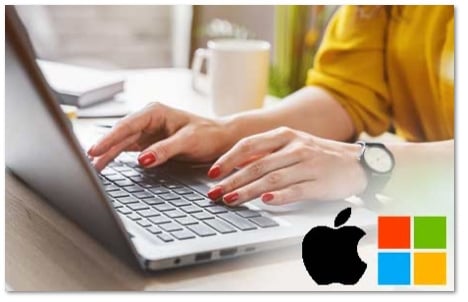 Person with red fingernails and a yellow shirt typing on a laptop with Apple and Windows logos in the bottom right corner 