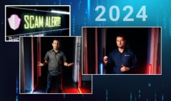 Screenshots showing Marc Laliberte, Corey Nachreiner and a SCAM ALERT! banner with 2024 in the center