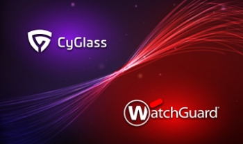 CyGlass and WatchGuard logos on purple and red backgrounds divided by swirling lines