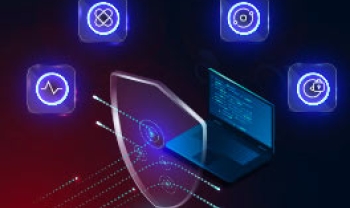 Laptop with a shield in front and glowing icons surrounding it
