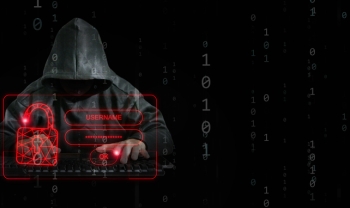 Hooded hacker at keyboard attempting brute-force login attack, with red digital lock and username/password fields overlaid on binary code background.