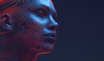 A digital 3D rendering of a human face in profile, illuminated in blue with glowing red contour lines, symbolizing identity, data, and cybersecurity in the age of AI.