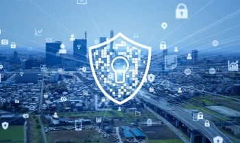 Illustration of a secure digital shield protecting a city network, representing Zero Trust cybersecurity and data protection.