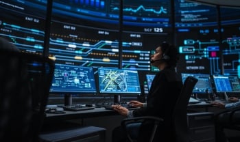 Cybersecurity analyst monitoring network activity and alerts on multiple screens.
