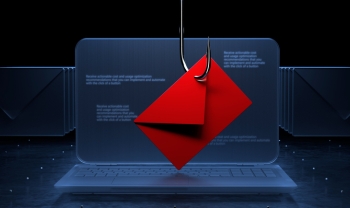 Phishing email attack concept showing a malicious attachment hooking into a laptop, representing SVG-based ransomware delivery