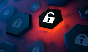 Open padlock icon highlighted among locked security tiles, representing software vulnerabilities, CVE risk, and the need for stronger vulnerability prioritization.