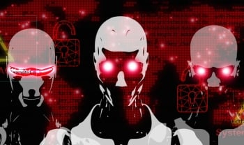 Three humanoid robots with glowing red eyes against a dark background featuring computer code, padlock symbols, and “System HACKED” warnings.