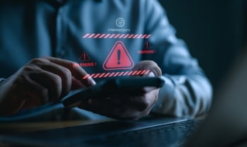 System warning hacked alert, cyberattack on smartphone network. Cybersecurity vulnerability, data breach, illegal connection, compromised information concept. Malicious software, virus and cybercrime.