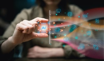 Person touching a glowing AI chip icon on a digital interface with cybersecurity, data, and technology symbols flowing across the screen.