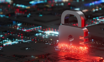 A glowing red padlock sits on a digital circuit board, symbolizing cybersecurity protection, malware risk, and data security threats.