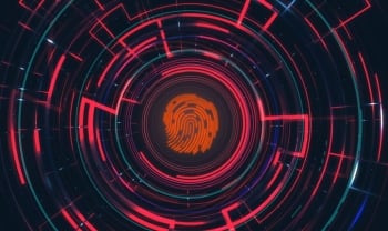 A glowing orange fingerprint surrounded by red and blue circular digital patterns, representing advanced biometric security technology in a virtual interface.