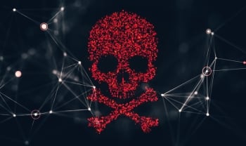 Red digital skull and crossbones surrounded by connected network nodes, representing the ErrTraffic malware campaign, ClickFix attacks, and hidden malicious infrastructure.
