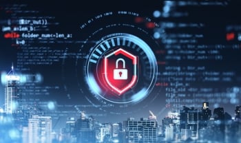 Digital security lock icon over virtual cityscape with programming code elements.