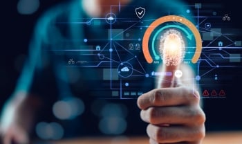 Hand interacting with a digital cybersecurity interface showing biometric authentication and system access controls