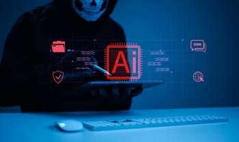 Digital illustration of an AI-powered cyber threat showing a robotic figure beside icons representing security, JWT vulnerabilities, and GitHub pipeline attacks.