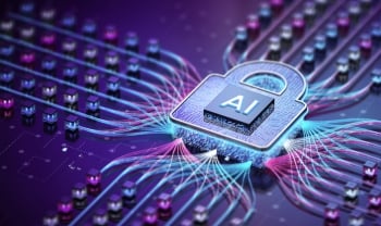AI security padlock on a circuit board surrounded by glowing data connections, representing artificial intelligence and cybersecurity.