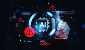 AI cybersecurity concept showing warning alerts, a digital AI chip, and network risk indicators representing AI threats, credential exposure, and zero-day vulnerabilities.