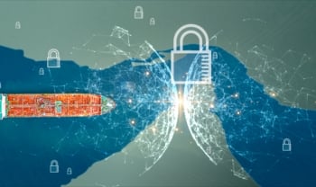 Digital illustration of a cargo ship protected by cybersecurity locks, representing secure infrastructure and cyber resilience across APAC.