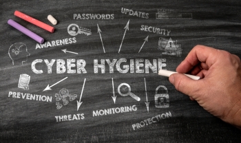Hand writing “Cyber Hygiene” on a chalkboard surrounded by cybersecurity concepts including passwords, updates, awareness, threats, monitoring, prevention, security, and protection.