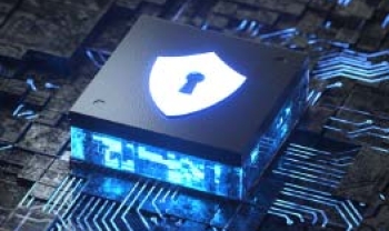 Close up of circuit board section with blue lights and a white keyhole on a shield icon