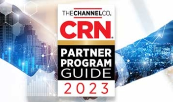 Men shaking hands with a CRN Program Guide 2023 winner badge on top