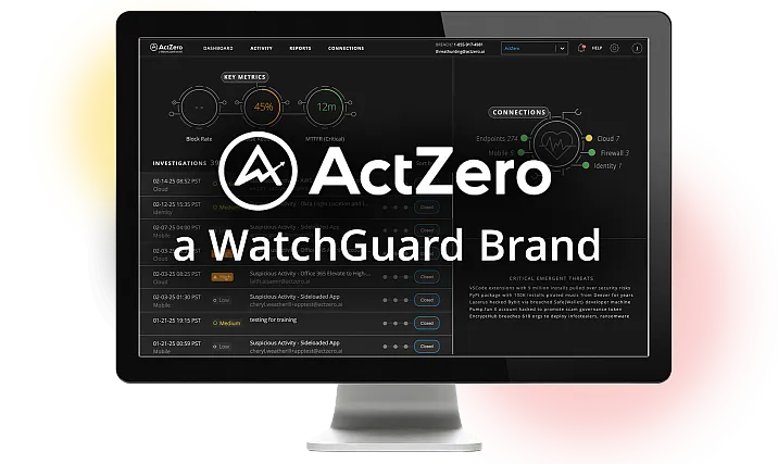 ActZero - a WatchGuard brand across a monitor showing a WatchGuard MDR dashboard